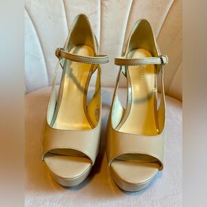 Nine West Nude Peep-Toe Platform Heels with Ankle Strap
